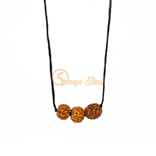 Front view of a small ASEAN 4-5-6 mukhi Rudraksha combination pendant necklace for boys, hanging against a white background