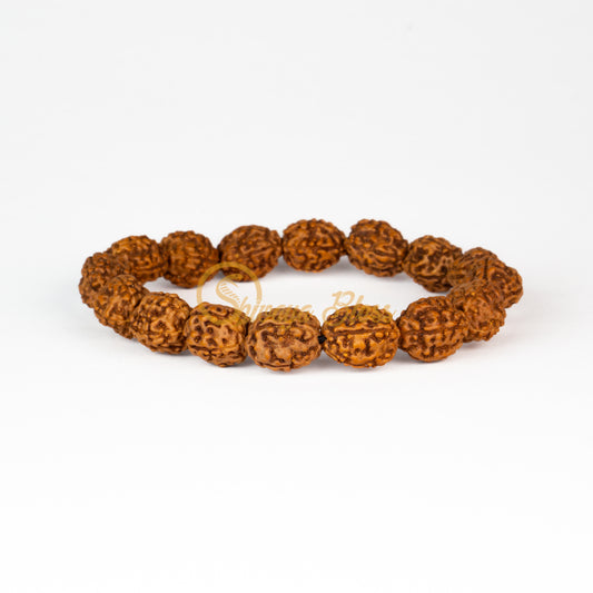 Front view of a regular elastic ASEAN 4 mukhi Rudraksha bracelet, displayed against a white background