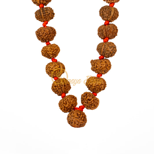 Front view of a small ASEAN Ganesha Rudraksha mala necklace, hanging against a white background