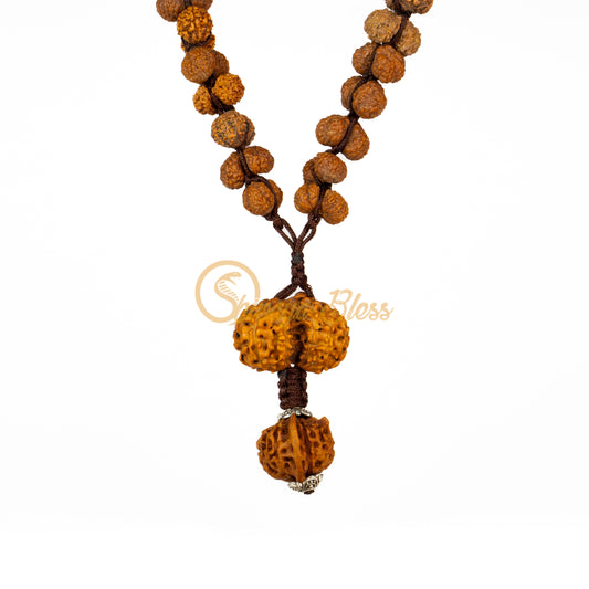 Front view of a grand ASEAN Gauri Shankar Rudraksha mala necklace, hanging against a white background